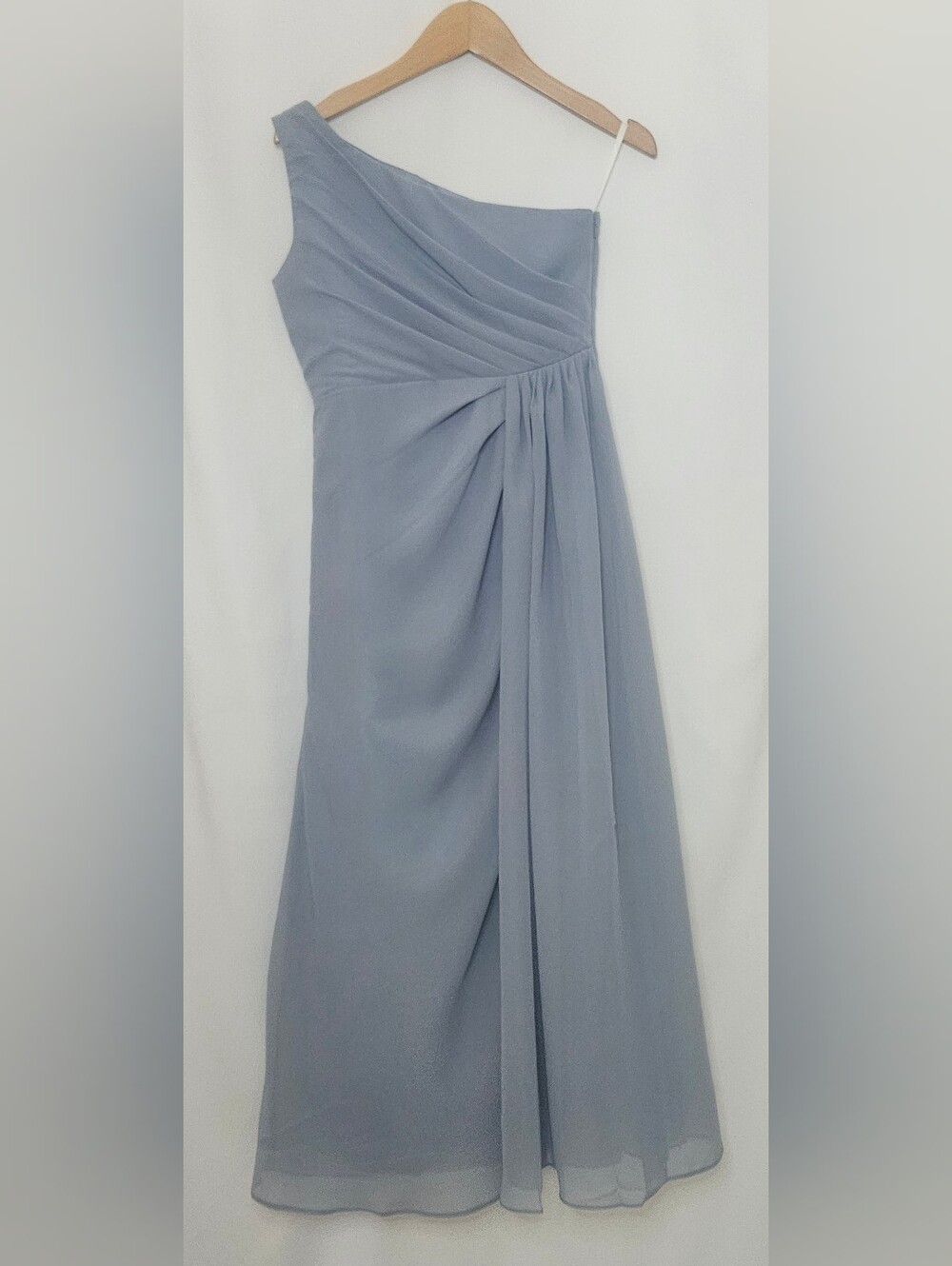 Dusty Blue One Shoulder Chiffon Ruched Wedding Guest Formal Dress, Small Size
